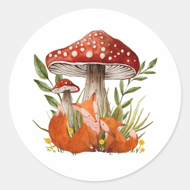 Sticker Rond Mère Fox et son bébé sous les grands champignons (Devant)