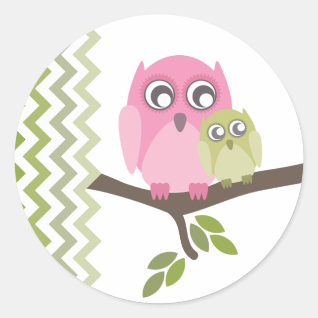 Sticker Rond Mère rose et Chouette verte Baby shower neutre (Devant)