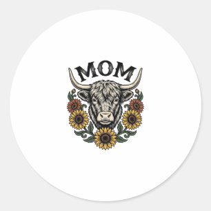 Sticker Rond Mère Vache Highland Tournesol Vintage Design Weste