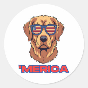 Sticker Rond Merica Chien avec USA Drapeau Lunettes de soleil A