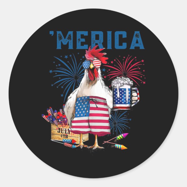 Sticker Rond Merica Funny Chicken with beer USA Flag 4th of (Devant)