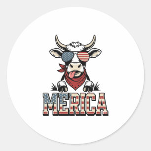 Sticker Rond Merica Graphique de gravure vintage vache patrioti