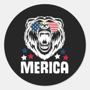 Sticker Rond Merica Sungles 4 juillet Drapeau américain Ours De