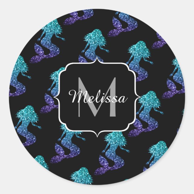 Sticker Rond Mermaid aqua bleu ombre motif Monogramme (Devant)