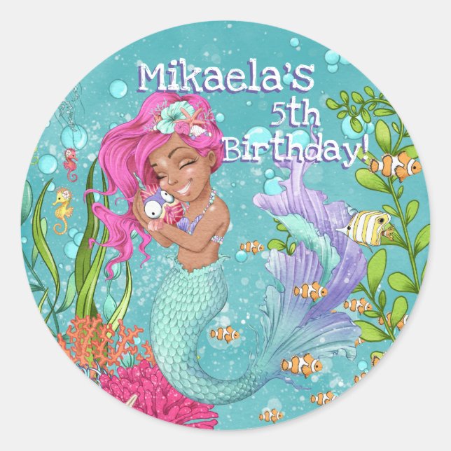 Sticker Rond Mermaid aux cheveux roses magnifique Anniversaire (Devant)