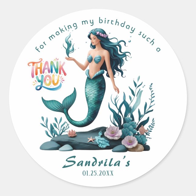 Sticker Rond Mermaid  Birthday Party der The Sea Mermaid  (Devant)