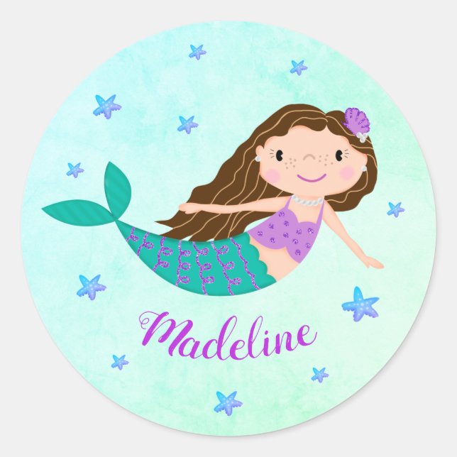 Sticker Rond Mermaid Christmas Purple Parties scintillant Nom p (Devant)