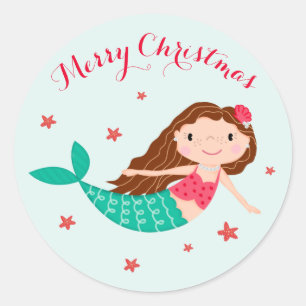 Sticker Rond Mermaid Christmas Red Aqua