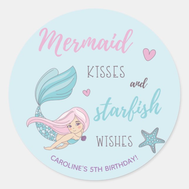 Sticker Rond Mermaid Kisses Starfish Wings Anniversaire (Devant)