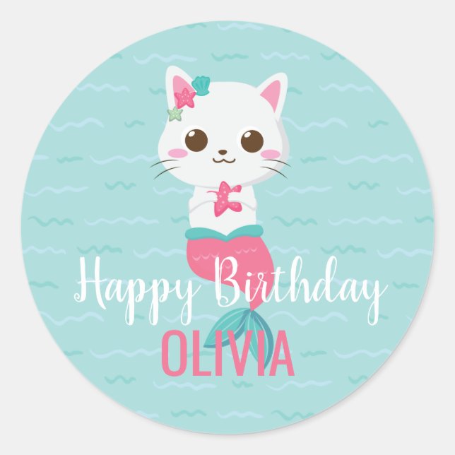 Sticker Rond Mermaid Kitty fête d'anniversaire (Devant)