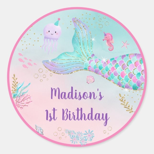 Sticker Rond Mermaid Pink Gold Sous La Mer Anniversaire (Devant)