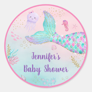 Sticker Rond Mermaid Pink Gold sous le Baby shower marin Classi