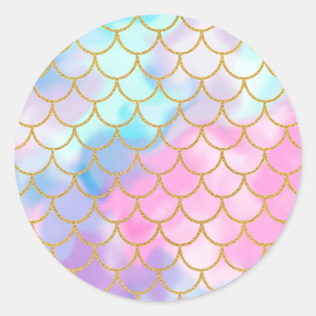 Sticker Rond Mermaid Scales Pastel Gold Parties scintillant Mot (Devant)