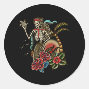 Sticker Rond Mermaid Skeleton traditionnel Tattoo Old School Ha
