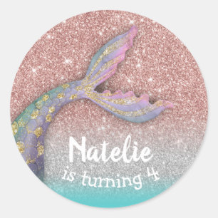 Sticker Rond Mermaid Under the Sea Rose Gold Girl Birthday