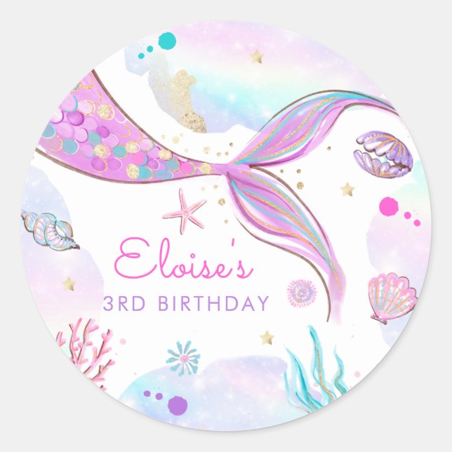 Sticker Rond Mermaid Whimsical Sous La Fête D'Anniversaire De L (Devant)