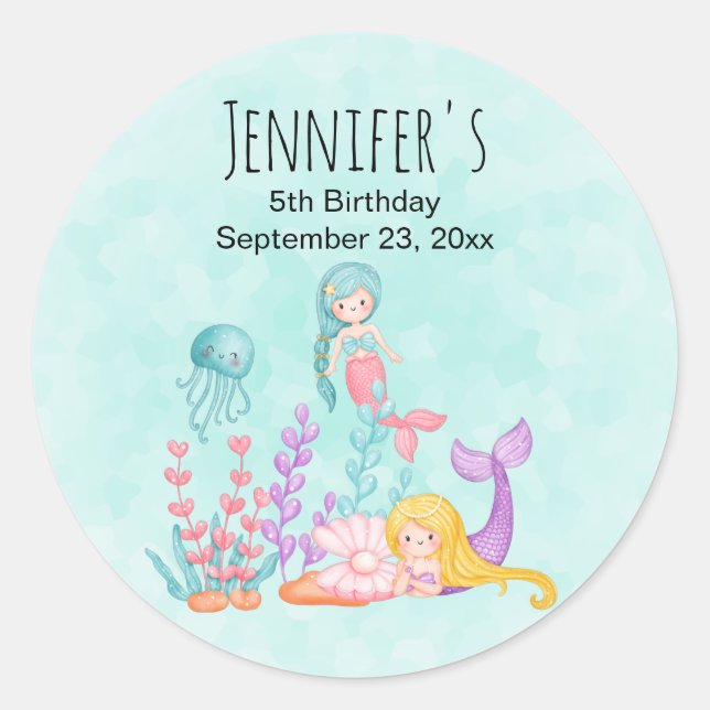 Sticker Rond Mermaids et méduses sous la mer Anniversaire (Devant)