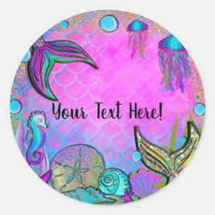 Sticker Rond Mermaiers & Sea Shells Pink Sparkly Party