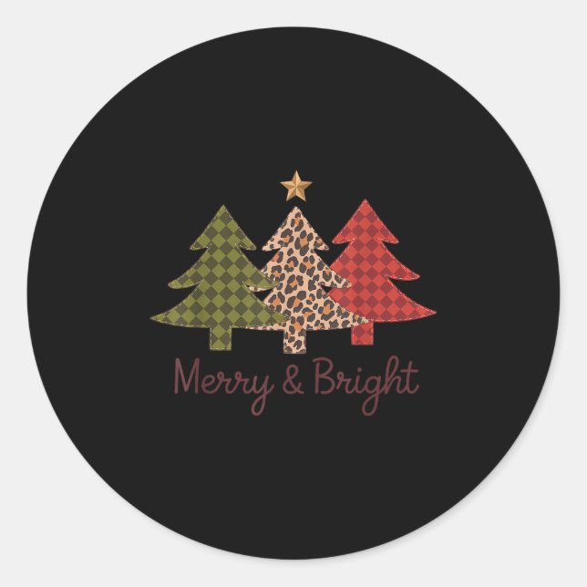 Sticker Rond Merry &amp; Bright Plaid Leopard Christmas Tree Xm (Devant)