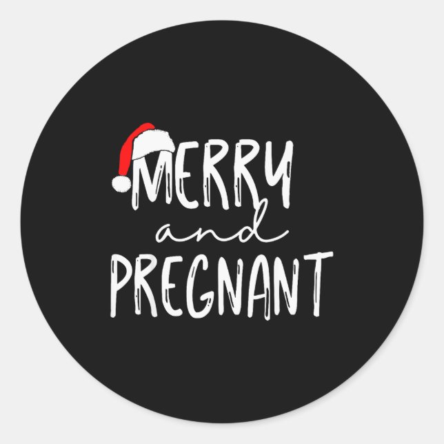 Sticker Rond Merry And Pregnant Santa Hat Xmas Pregnancy Announ (Devant)