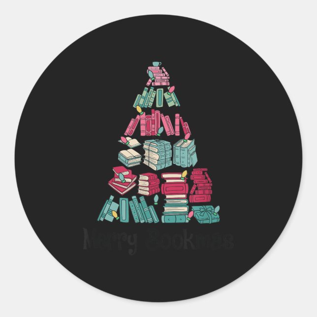 Sticker Rond Merry Bookmas Books Ne Tree Funny Reading Lover Ch (Devant)