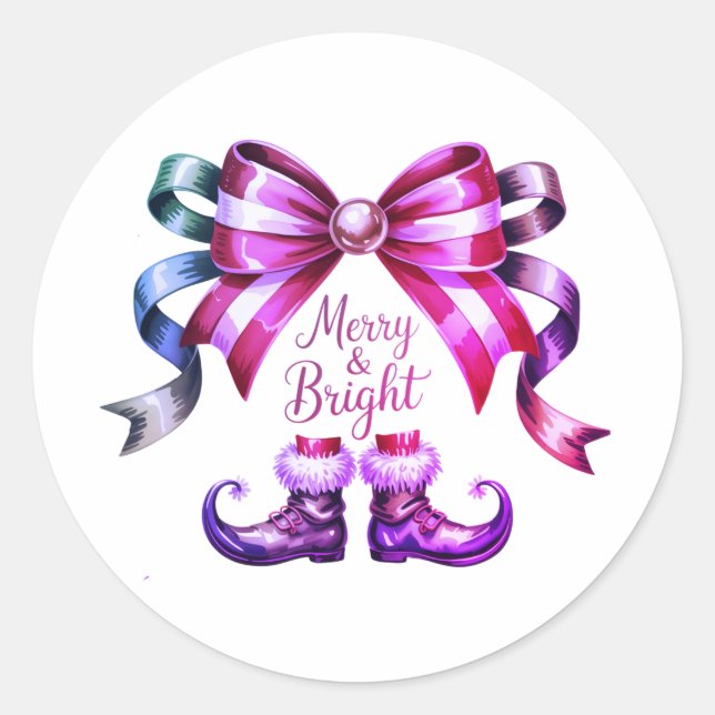 Sticker Rond Merry & Bright Enchanted Bow & Elf Shoes Christmas (Devant)