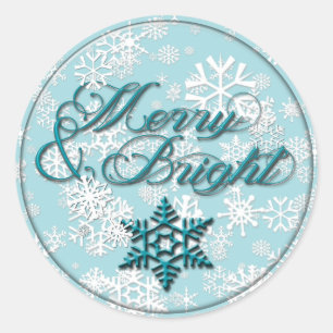 Sticker Rond Merry & Bright ・ Faux Glass Look ・ Turquoise Snowf