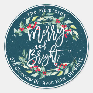 Sticker Rond Merry Bright Joyeux Noël Holly Florly Adresse