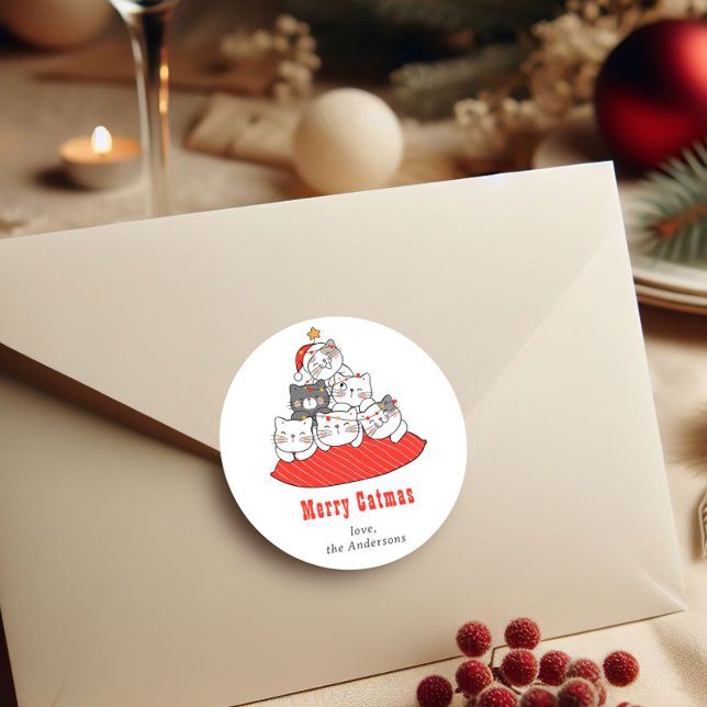 Sticker Rond Merry Catmas Cute Cats Holiday Personalized  (Créateur téléchargé)