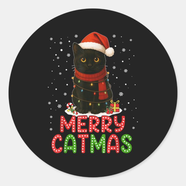 Sticker Rond Merry Catmas Santa Hat Funny Black Cat Christmas W (Devant)