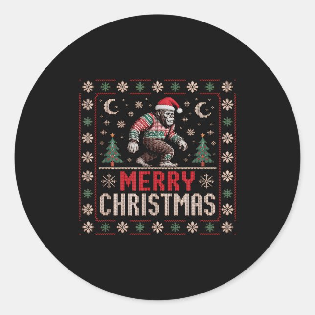 Sticker Rond Merry Christmas Bigfoot Funny Ugly Sweater Art  (Devant)