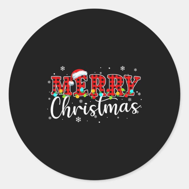 Sticker Rond Merry Christmas Buffalo Plaid Red Santa Family Xma (Devant)