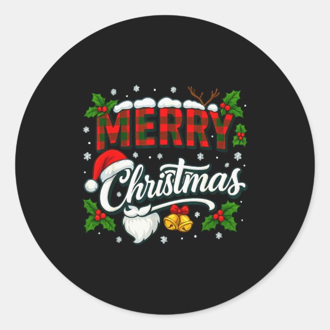 Sticker Rond Merry Christmas Buffalo Plaid Red Santa Hat Xmas P (Devant)