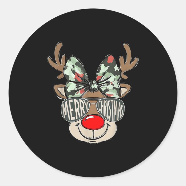 Sticker Rond Merry Christmas Camo Reindeer Bow Girl Women Kid H (Devant)