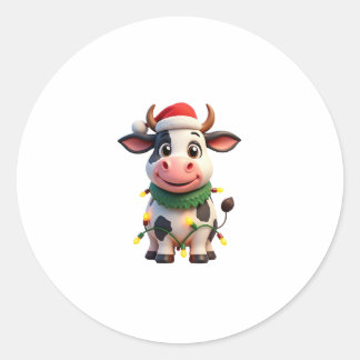Sticker Rond Merry Christmas Cow Santa Christmas Lights Cow Xma