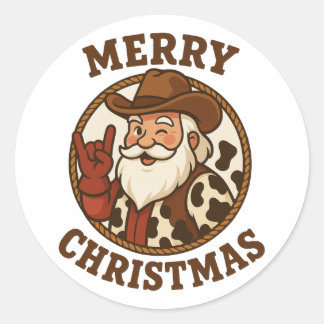 Sticker Rond Merry Christmas Cowboy Santa Retro Western