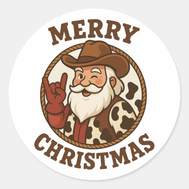 Sticker Rond Merry Christmas Cowboy Santa Retro Western (Devant)