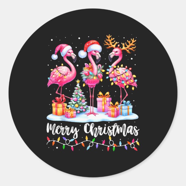 Sticker Rond Merry Christmas Flamingo Santa Hat Xmas Pajamas Ho (Devant)