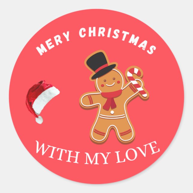 Sticker Rond Merry Christmas Gingerbread Man with Santa Hat Vec (Devant)
