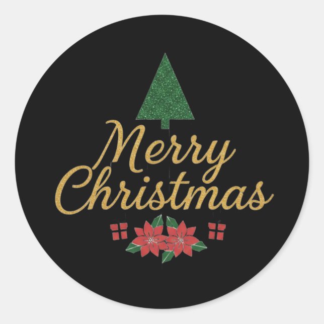 Sticker Rond Merry Christmas Gold Script with Poinsettia & Tree (Devant)