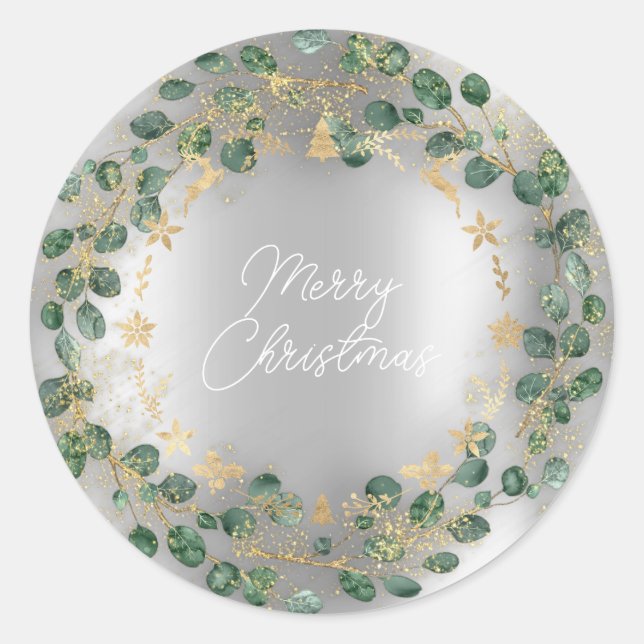 Sticker Rond Merry Christmas Green Wreath Woodland Wood Silver (Devant)