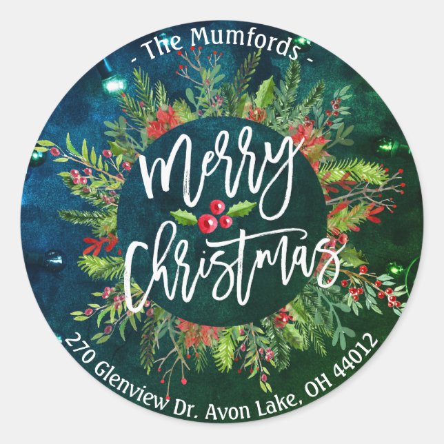 Sticker Rond Merry Christmas Holly Wreath Return Adresse Étique (Devant)