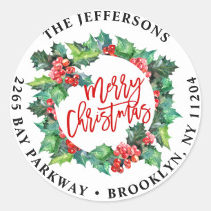 Sticker Rond Merry Christmas Holly Wreath Return Adresse Étique