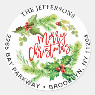 Sticker Rond Merry Christmas Holly Wreath Return Adresse Étique