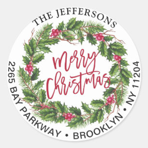 Sticker Rond Merry Christmas Holly Wreath Return Adresse Étique