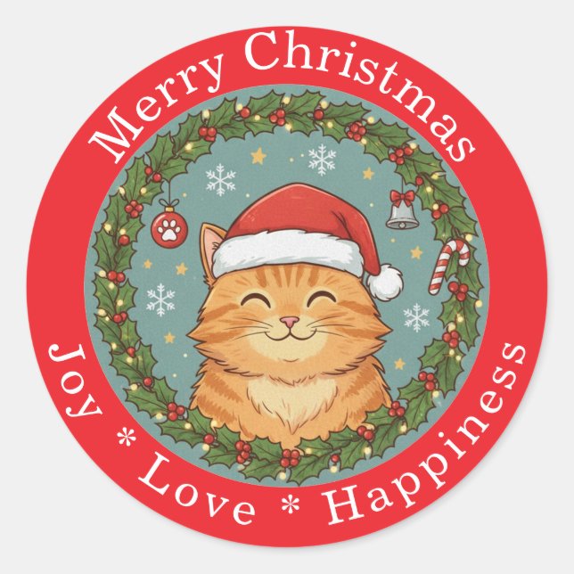Sticker Rond Merry Christmas Joy Love Happiness Cute Cat  (Devant)