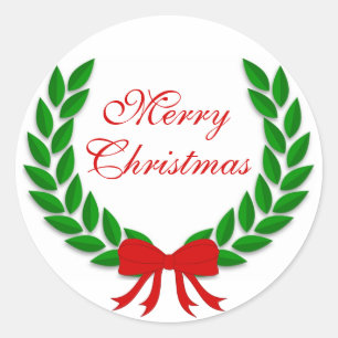 Sticker Rond Merry Christmas Laurel Feuille couronne et Red Bow