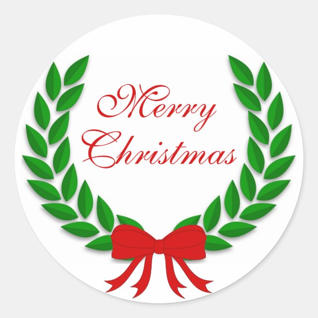 Sticker Rond Merry Christmas Laurel Feuille couronne et Red Bow (Devant)