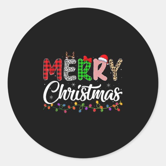 Sticker Rond Merry Christmas Lights Santa Family Xmas Pajamas M (Devant)