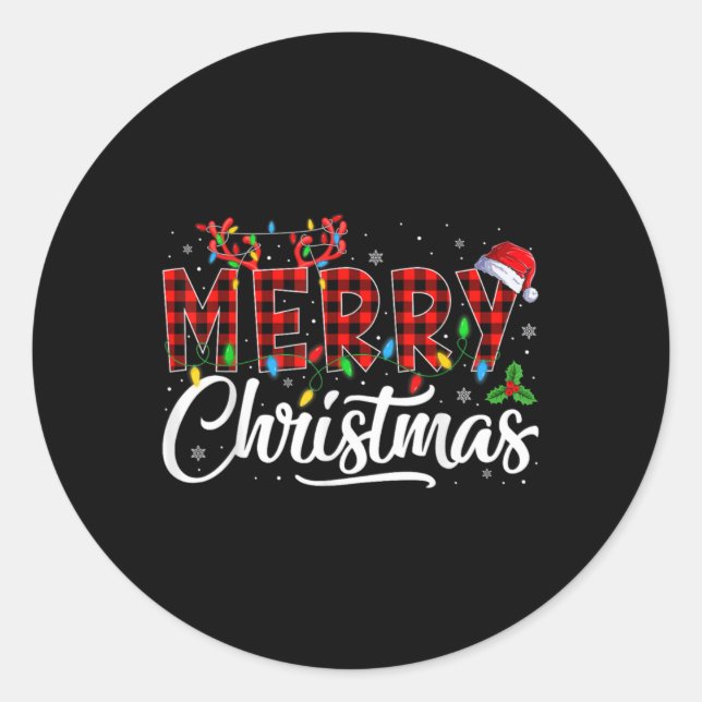 Sticker Rond Merry Christmas Lights Santa Hat Xmas Family Men W (Devant)